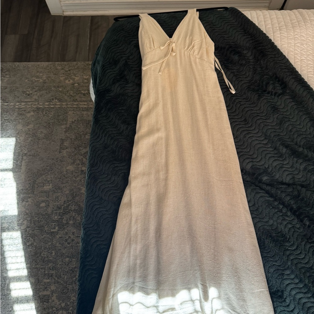 Cream Linen-Style Midi Dress | Tie Front | Smocked Back NWT